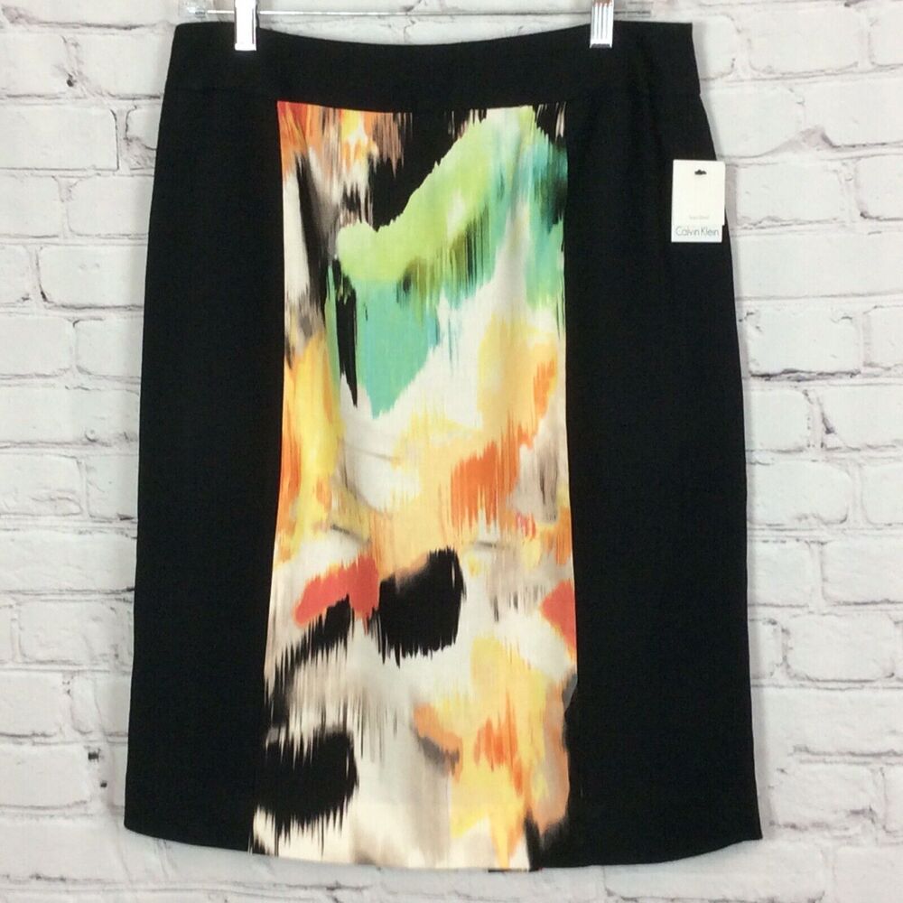 Calvin Klein Women's Size 8 Pencil Skirt Black w/Colorful Abstract Print Panel